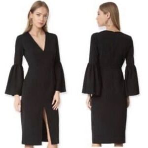 Nicholas Women's Black V-neck Bell Long Sleeved Midi Sheath Dress Slit US Size 4